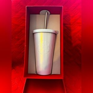 STARBUCKS 2014 Pearl White Opalescent Tumbler 16 oz in red Starbucks gift box